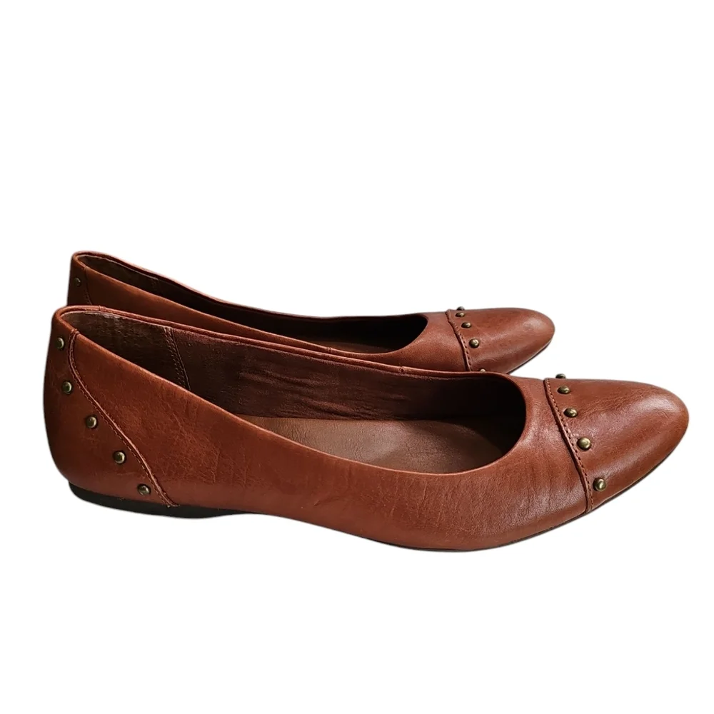 Korks Women 8.5 Brown Leather Studded Pointed Toe Ballet Flat Archival Essential - Picture 4 of 8